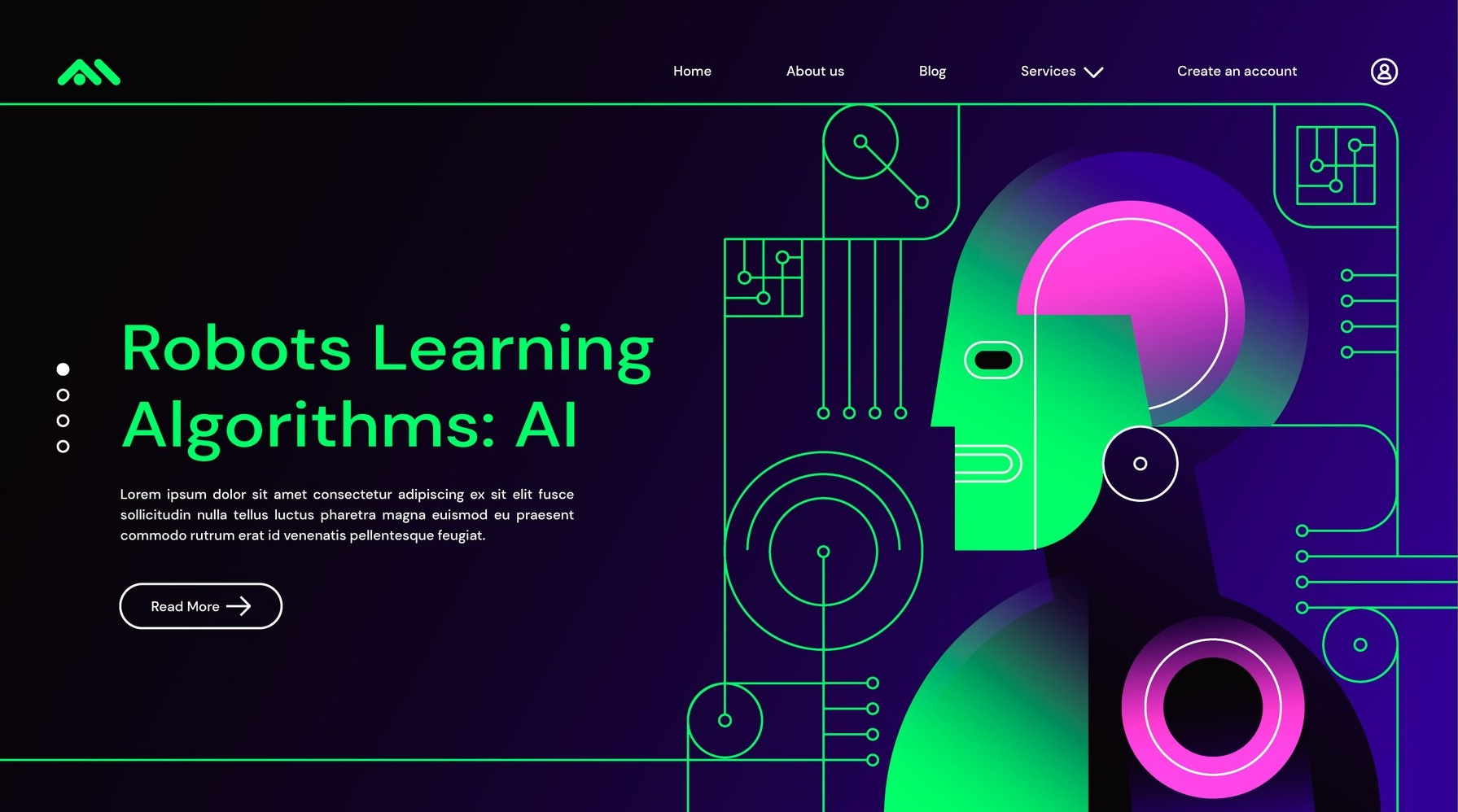 AI Robotics Learning Platform with neon green and purple interface showing algorithms visualization