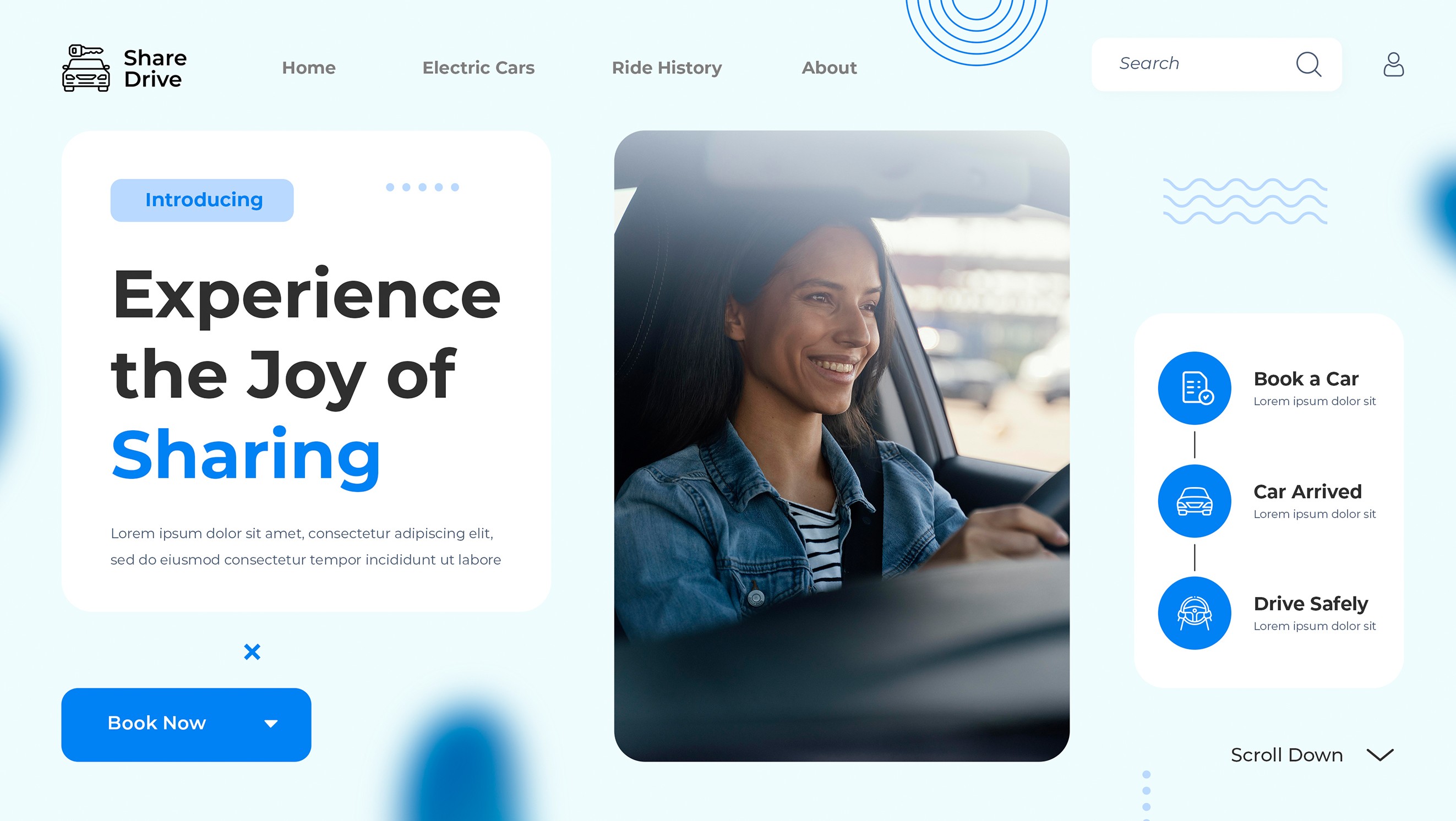 Share Drive - Car sharing platform with modern UI featuring a woman driving and booking interface